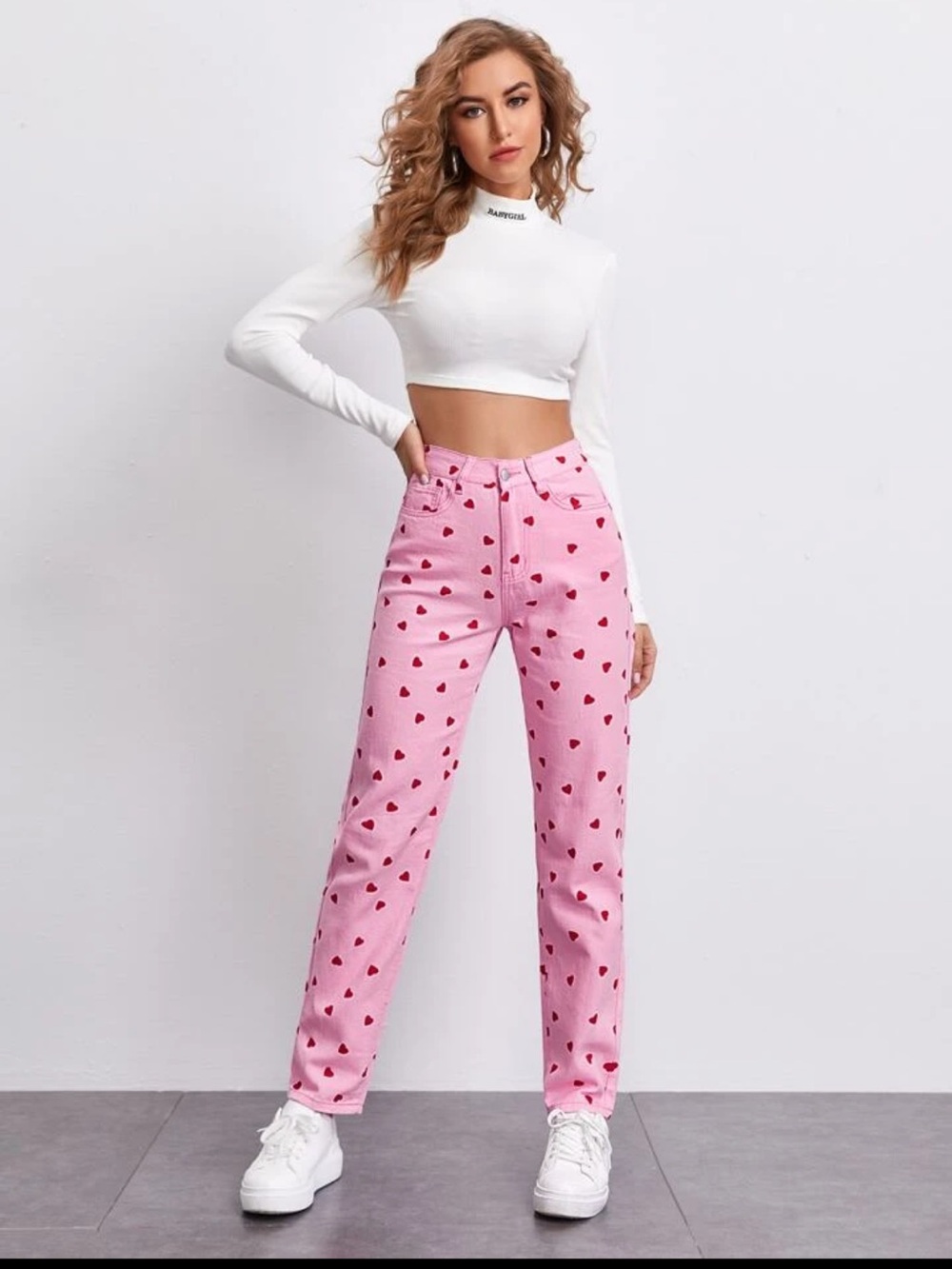SHEIN | High Waist Straight Denim Jeans Pink Red Heart Print - Picture 7 of 10